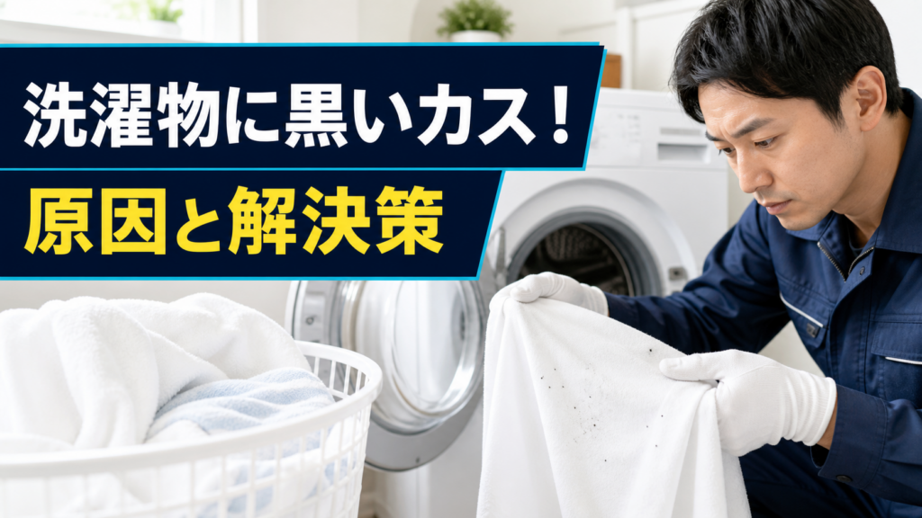 洗濯物に付着した黒いカスを確認する洗濯機クリーニングの専門家