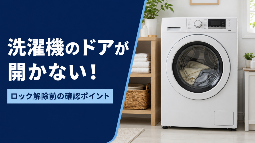 閉じたドラム式洗濯機と「洗濯機のドアが開かない！ ロック解除前の確認ポイント」の見出しを配置した青と紺のアイキャッチ
