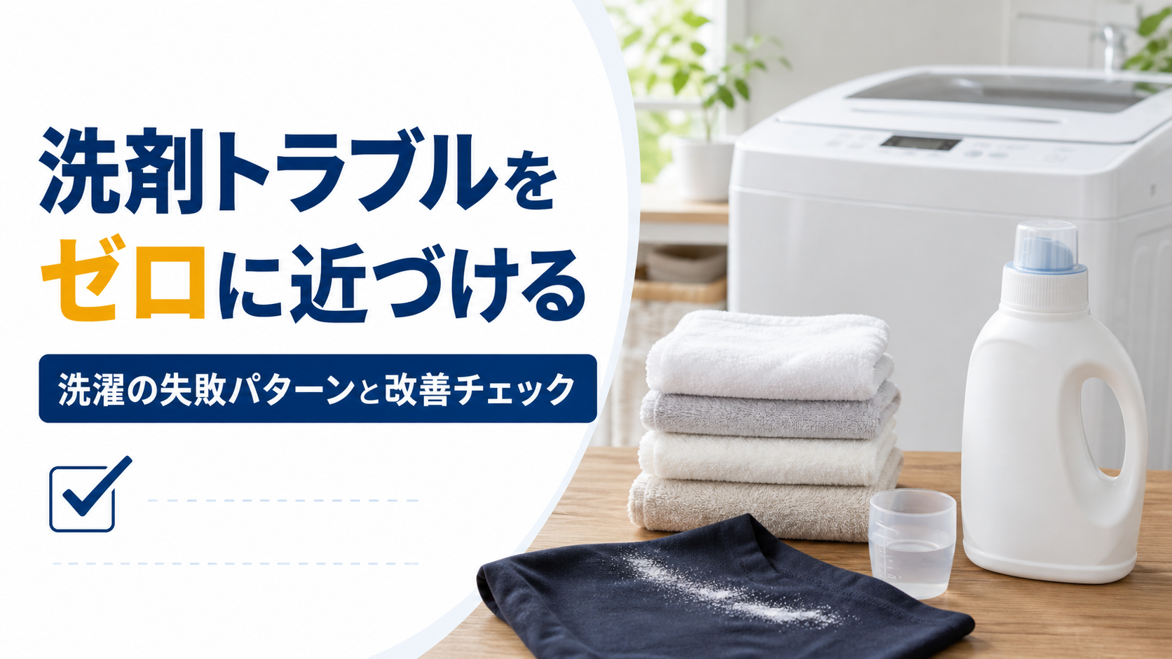 洗剤トラブルをゼロに近づける。洗濯の失敗パターンと改善チェック。洗濯機、洗剤と計量カップ、タオルを配したアイキャッチ画像。