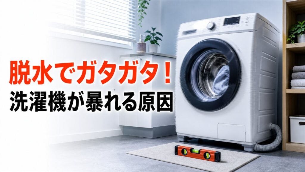 脱水時にガタガタと振動するドラム式洗濯機と水準器