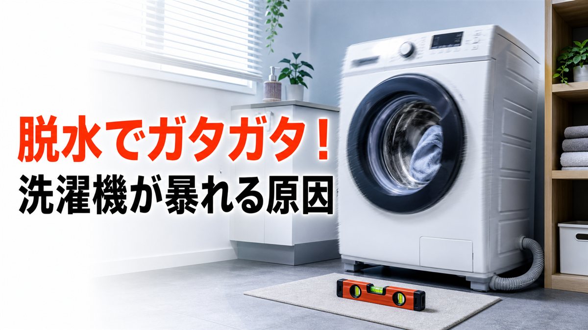 脱水時にガタガタと振動するドラム式洗濯機と水準器