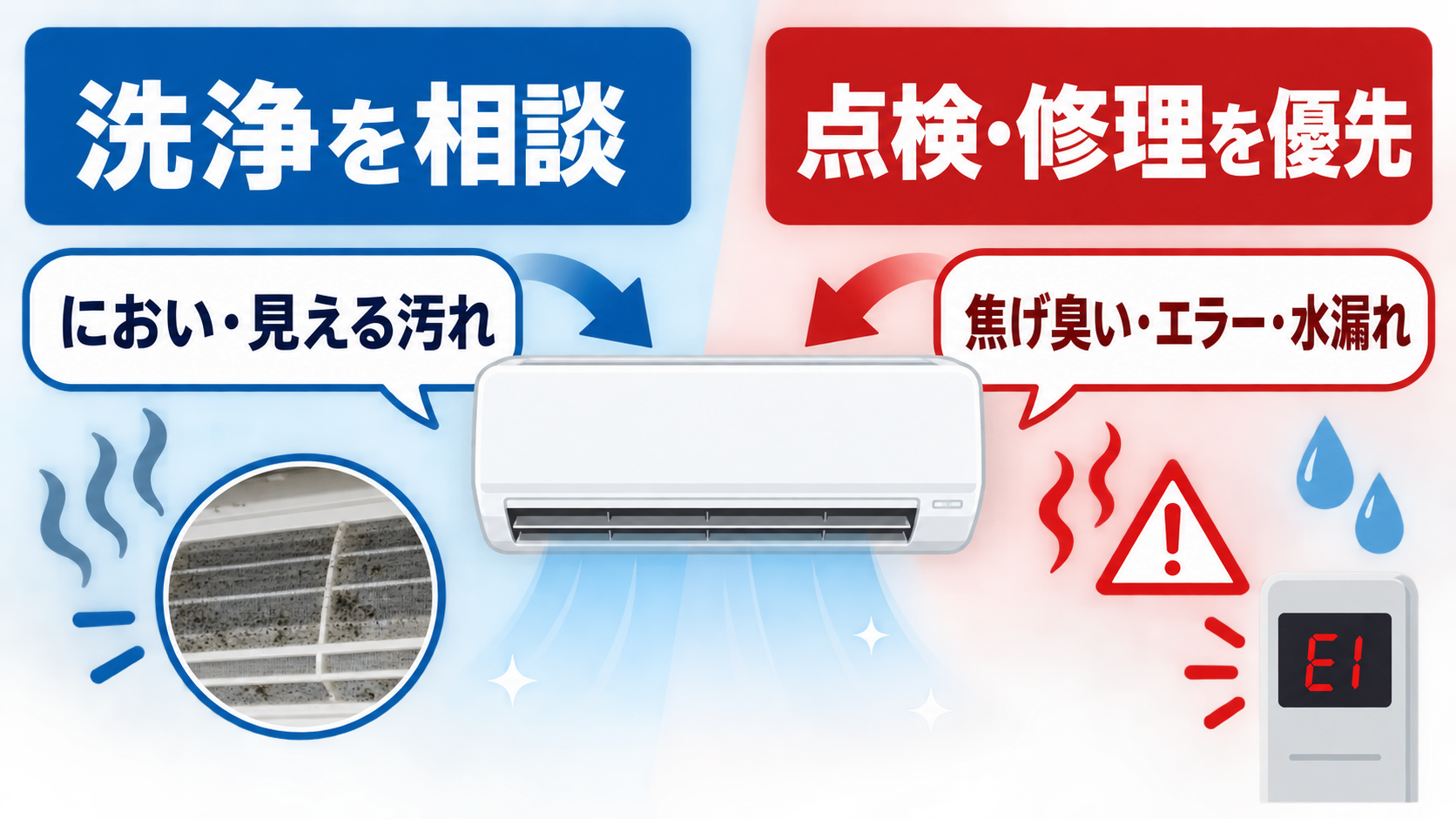 クリーニング相談と修理相談を分ける判断ポイントの図解