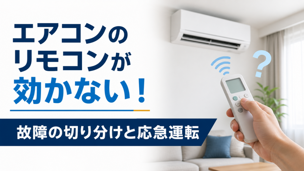 反応しないエアコンのリモコンを手に持ち、故障の切り分けと応急運転を案内する青色のアイキャッチ