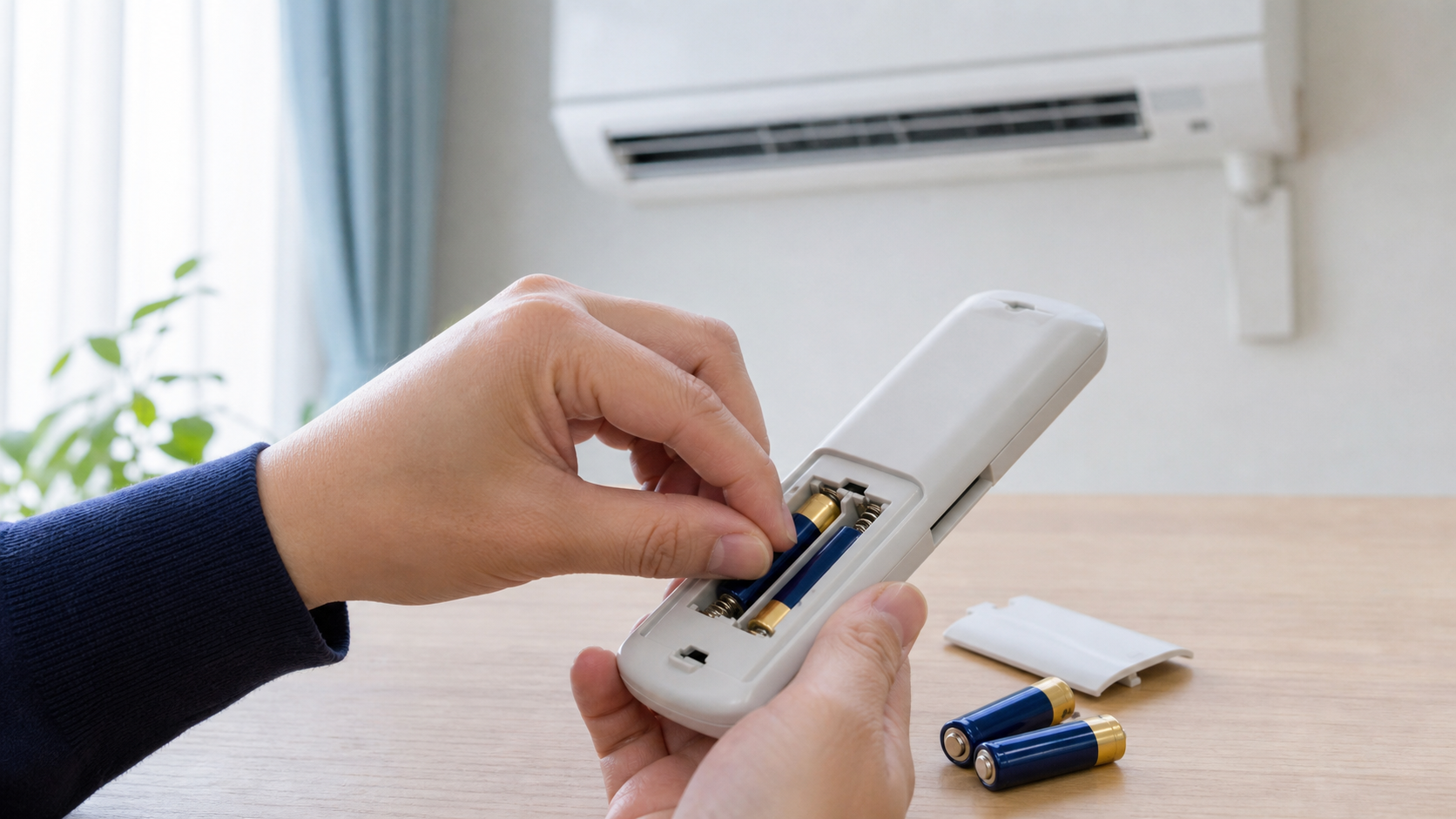エアコン用リモコンの電池ぶたを開け、新しい乾電池へ交換する前に向きを確認する様子