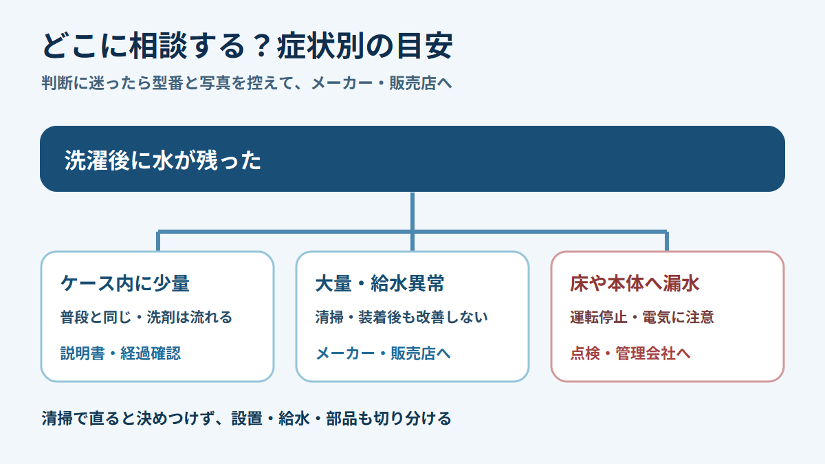 残水・漏水・給水不良の相談先を分ける図