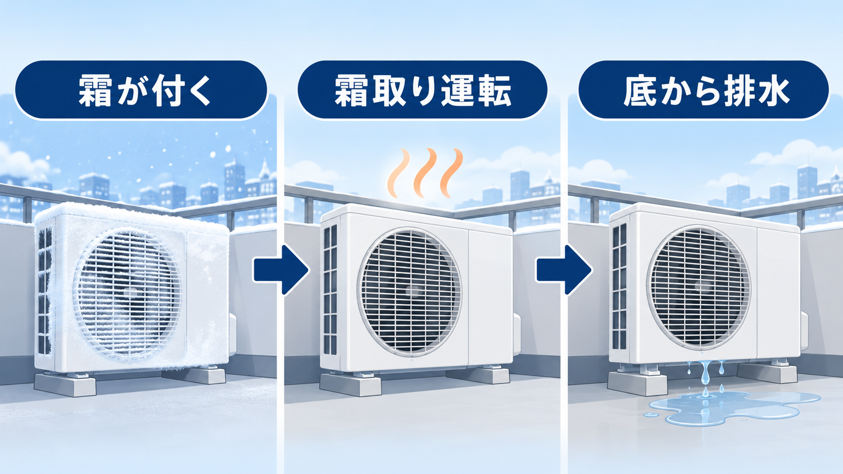霜が付く、霜取り運転、底から排水という流れを示す図