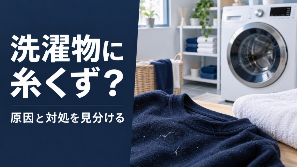 白い糸くずが付いた濃紺の服と洗濯機、原因と対処を示す見出し