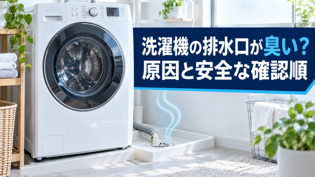洗濯機と防水パンの排水口。見出し『洗濯機の排水口が臭い？原因と安全な確認順』