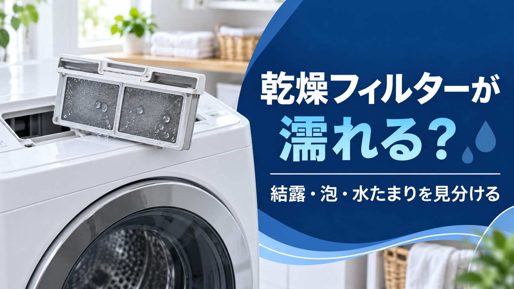 ドラム式洗濯機の乾燥フィルターが濡れたときの見分け方を示すアイキャッチ