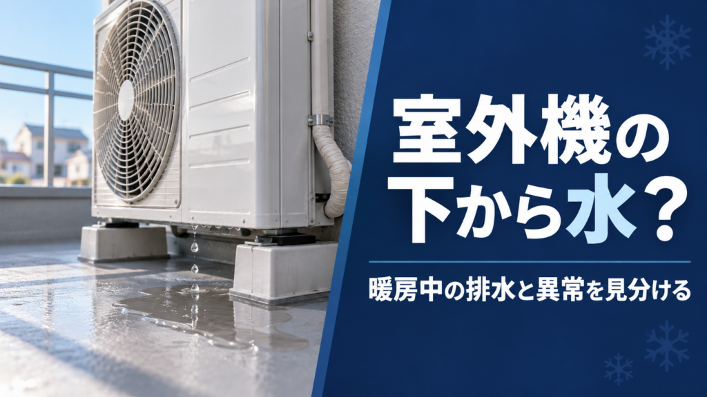 冬のエアコン室外機の下に水たまり。暖房中の霜取り排水と異常の見分け方