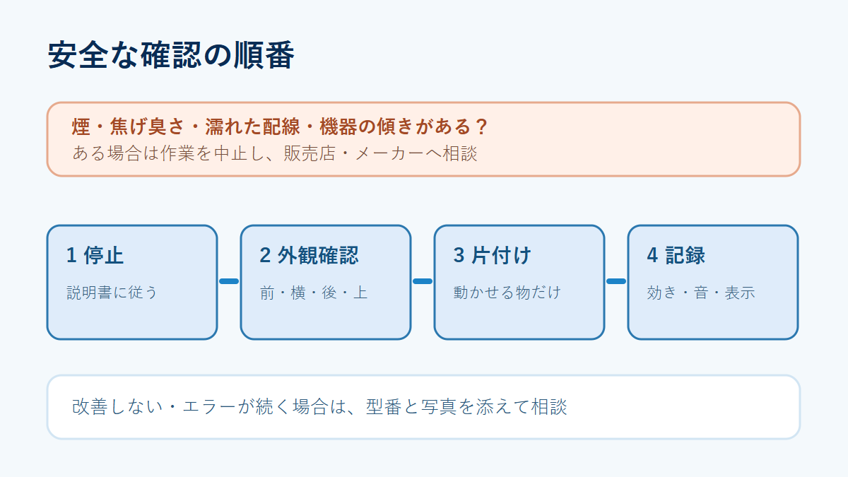 停止・外観確認・可動物の片付け・運転後の記録と相談を示す安全確認フロー