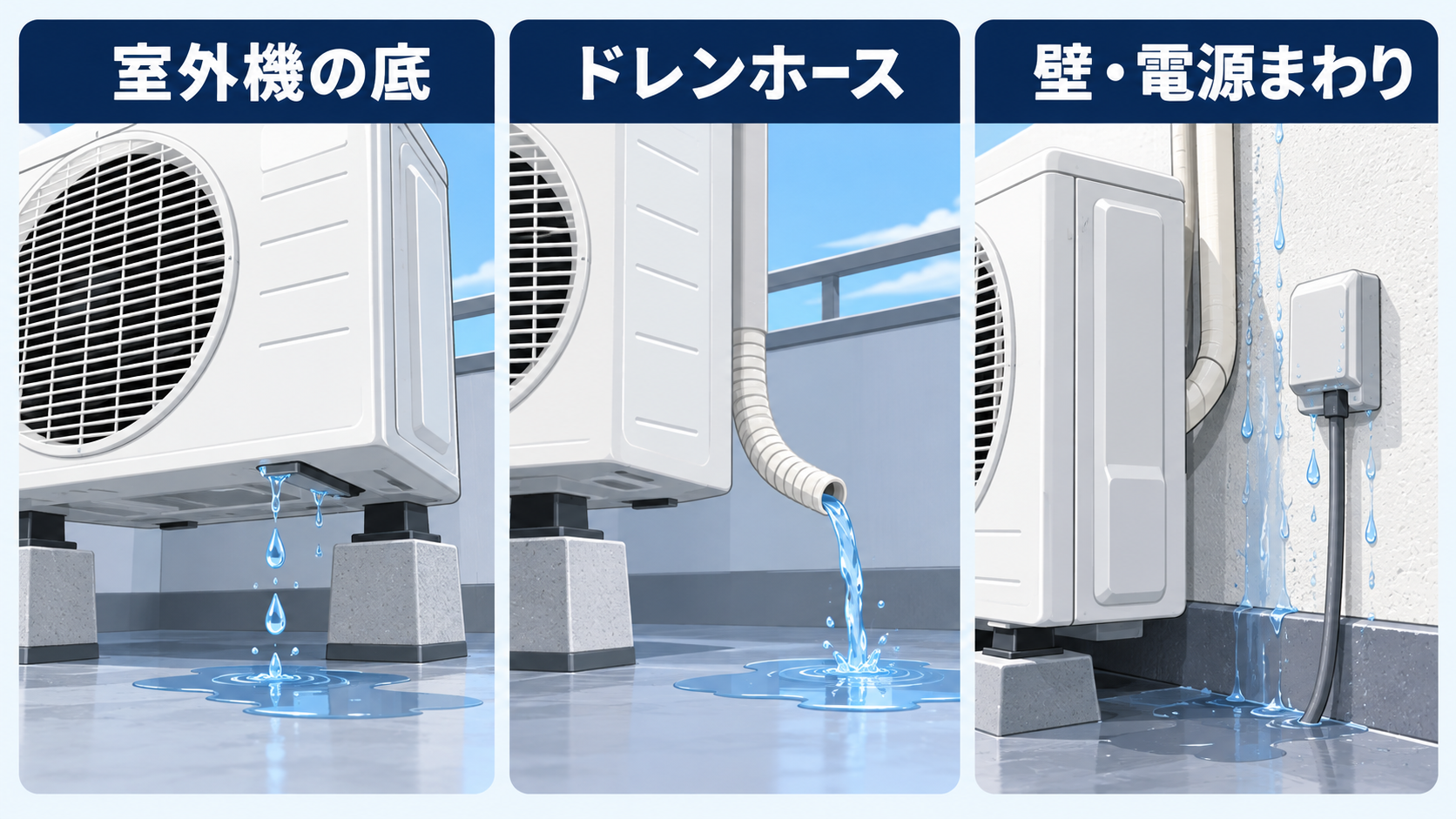 室外機の底、ドレンホース、壁と電源まわりの3か所を比較した図