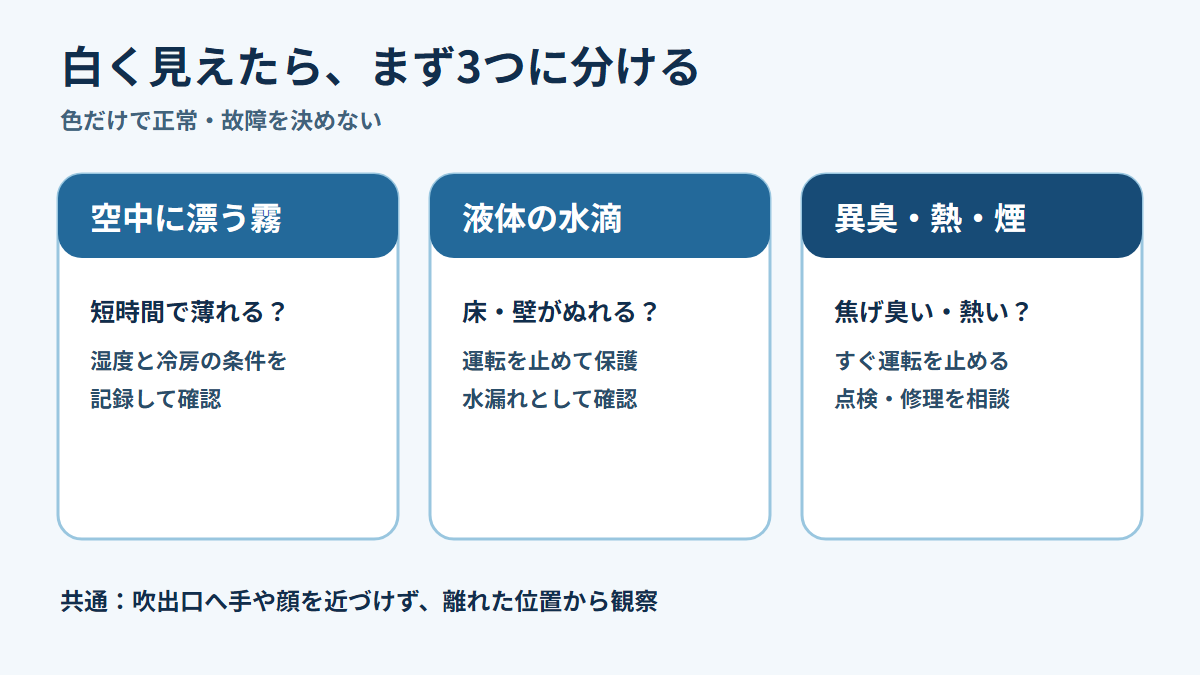 白い霧・水滴・異常サインの三つに分ける図